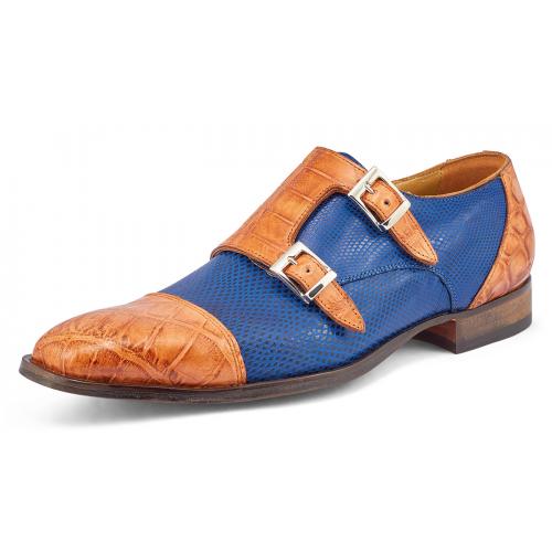 Mauri "Madison" Cognac / Brilliant Blue Genuine Alligator / Karung Monk-Straps Loafer Shoes 4560/2.